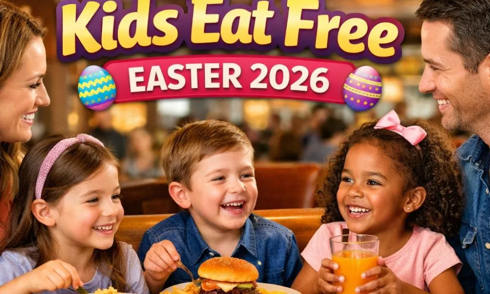 Family enjoying Kids Eat Free Easter 2026 meal at Applebee's, with kids eating burgers, chicken tenders, and mac & cheese.