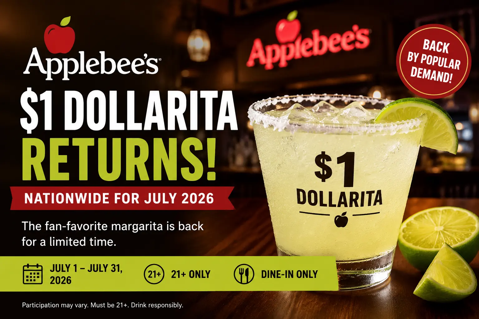 Applebee's $1 Dollarita returns nationwide for July 2026 limited-time margarita promotion