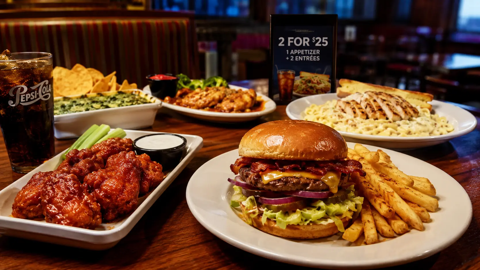 Applebee’s dinner specials guide with burger, fries, boneless wings, spinach dip, pasta, and casual restaurant table setting