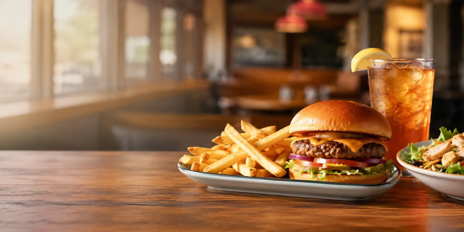 Applebee’s lunch menu with burger fries salad and iced drink