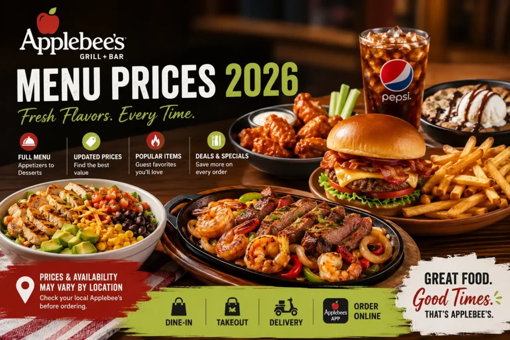 Applebee’s menu items with burger fries wings salad and drink on a restaurant table