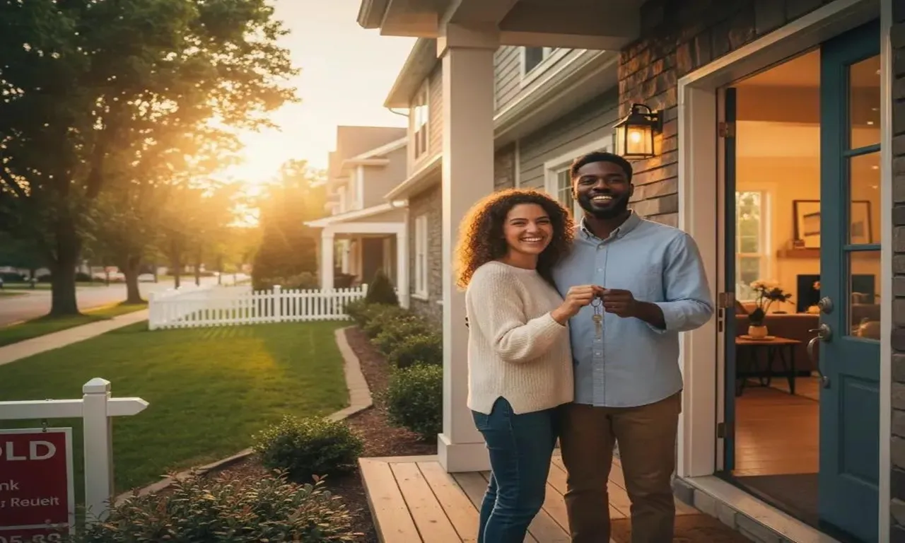 Home buying with real estate agent showing buyers touring homes, reviewing contracts, negotiating offers, and completing a successful property purchase with professional guidance.