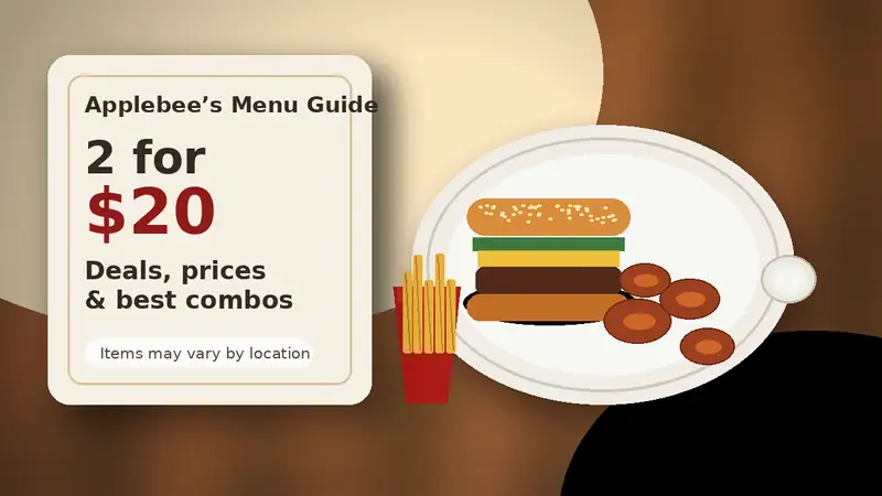 Applebee’s 2 for $20 menu deal with appetizer, burger, fries, and casual dining meal combo on a restaurant table.