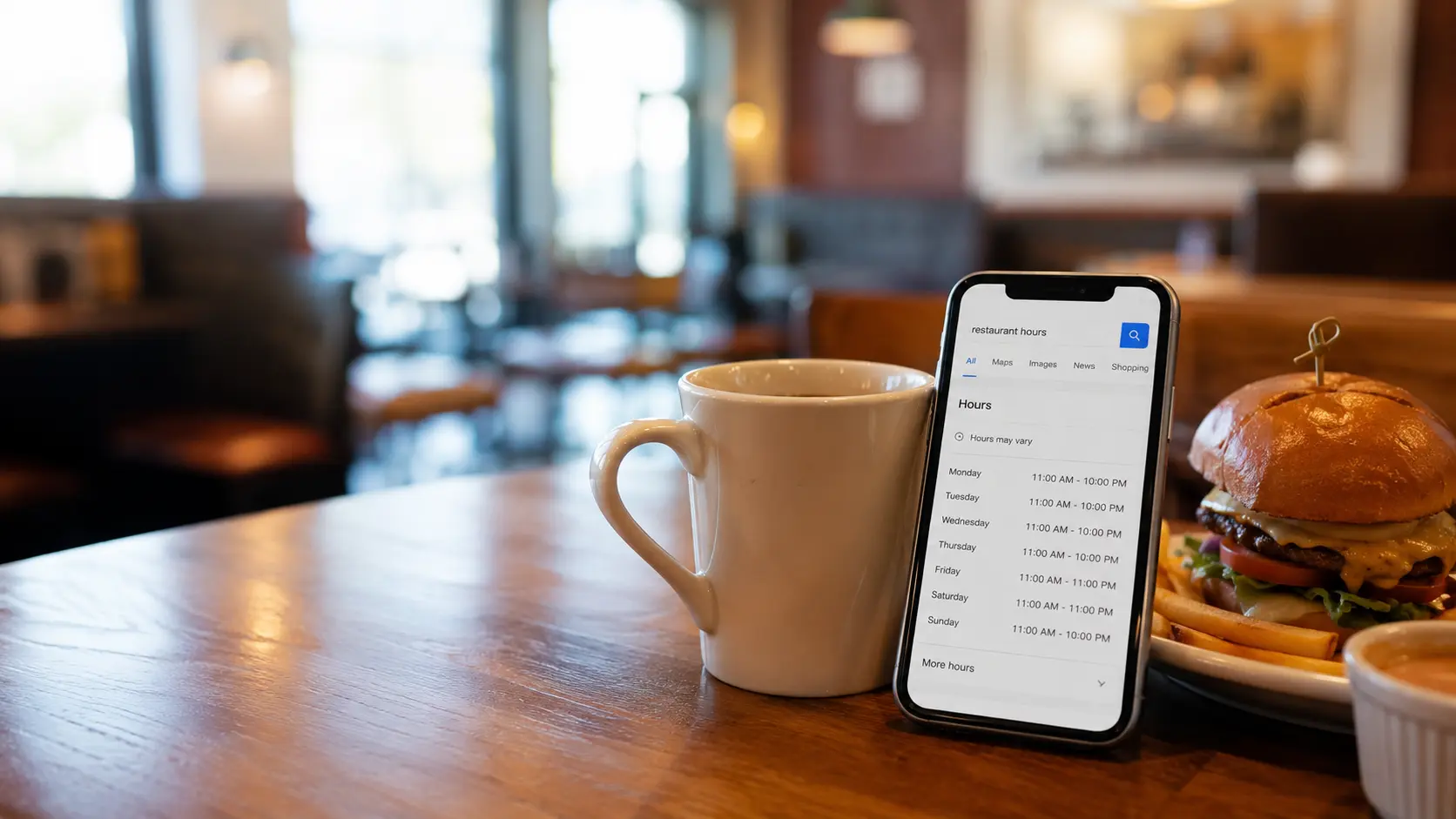 Casual dining table with coffee cup, smartphone showing restaurant hours, and burger meal for Applebee’s breakfast availability guide