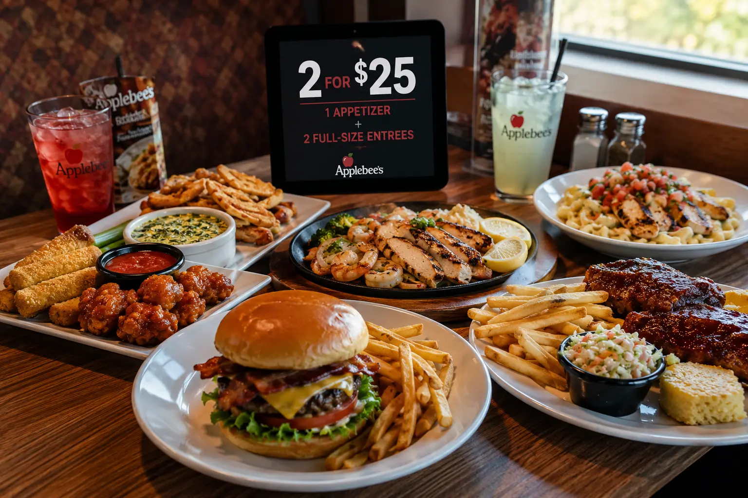 Casual restaurant table with burger, wings, ribs, pasta, fries and drinks for Applebee’s weekly specials menu with prices