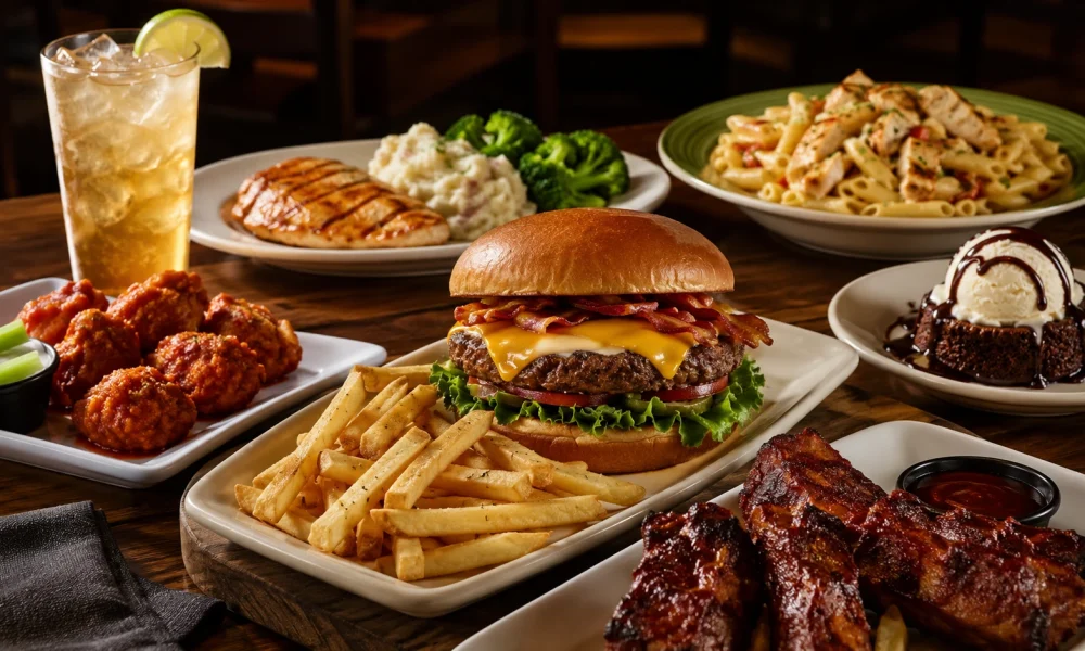 Applebee’s menu spread with burger, fries, wings, ribs, pasta, grilled chicken, dessert, and a cold drink